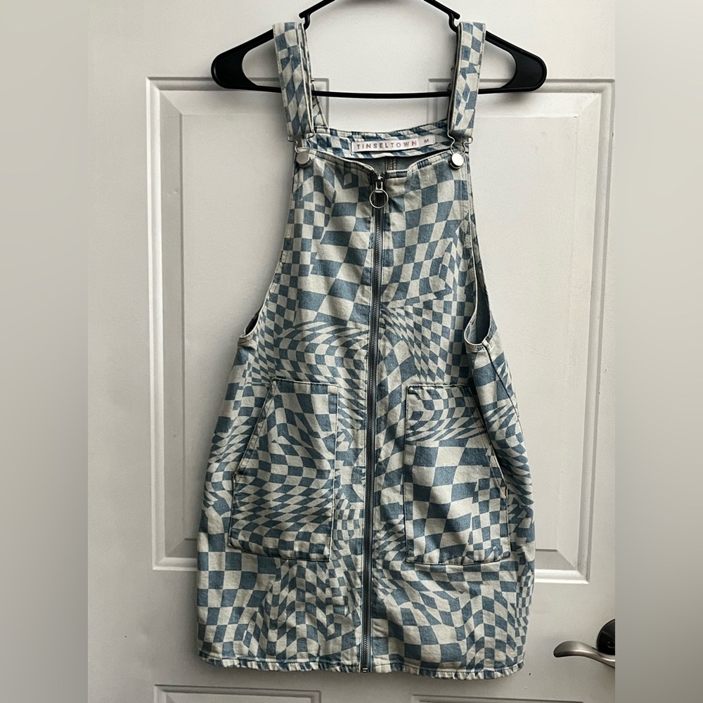 Checkerboard Denim Overall Dress
